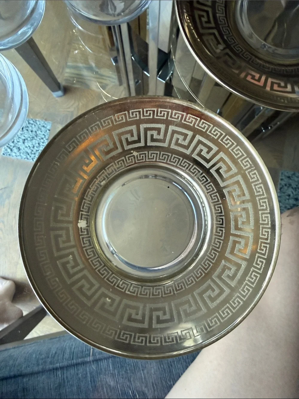 Clear Glass Tea Cup and Saucer Set with Gold Greek Key Accent